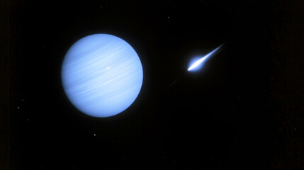 Telescope view capturing a comet flying past Neptune in vintage 35mm film style with soft edges and chromatic effects