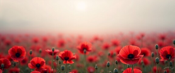 Field of vibrant red poppy flowers under soft morning light in a misty atmosphere copy space