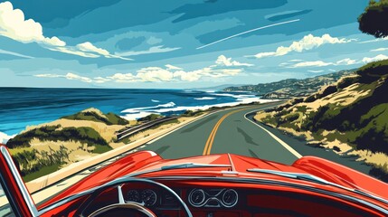 A red convertible car drives along a coastal road with blue ocean and sky in the background.