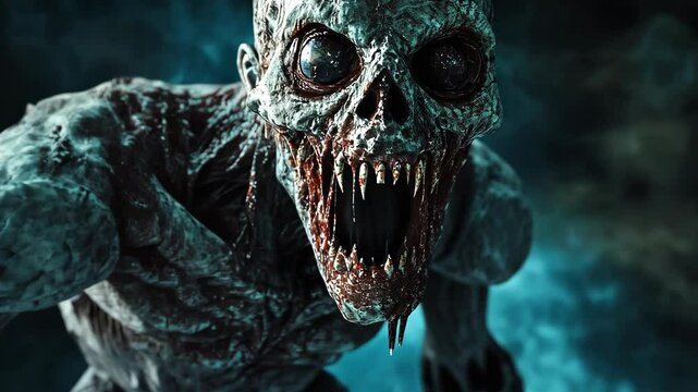 A close-up shot of a gruesome, decaying monster with glowing eyes and sharp teeth, illuminated by a blue light