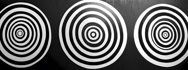 Naklejka premium Abstract design featuring three concentric black and white circles on a textured dark background, creating a mesmerizing visual effect.