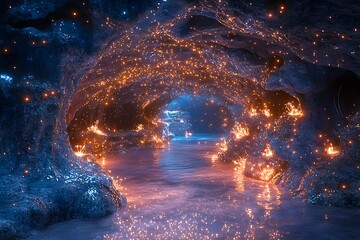 Fototapeta premium Glowing bioluminescent cave with reflections of orange and blue light