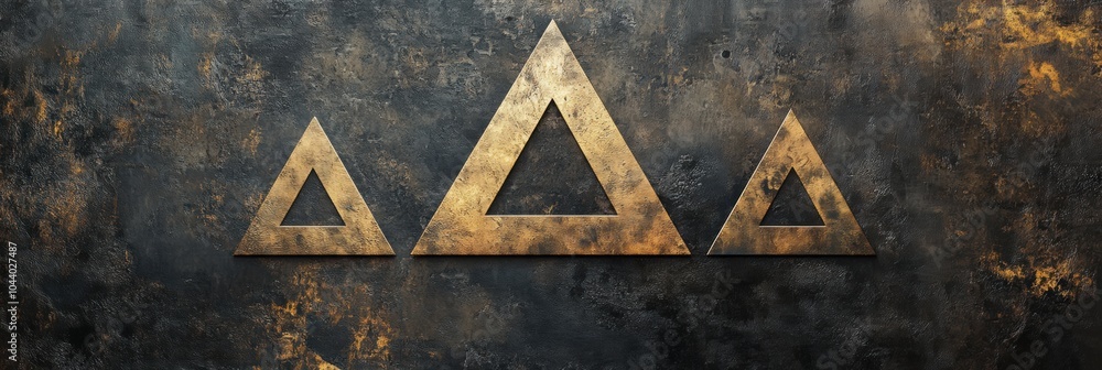 Poster three asymmetrical triangular shapes in gold are set against a dark, textured backdrop, enhancing th