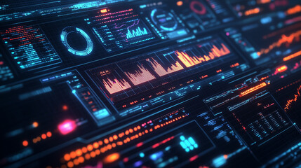 Obraz premium Futuristic Digital Interface Visualizing Modern Data Screen Global Indicators, Data Streams, and Complex Forecasting Models