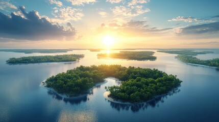 Obraz premium Beautiful Mangrove island landscape and scenery during blue sky, sunrise and sunset from aerial view