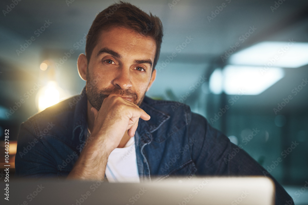 Poster business man, portrait and office at night with deadline, startup and working on creative project. p