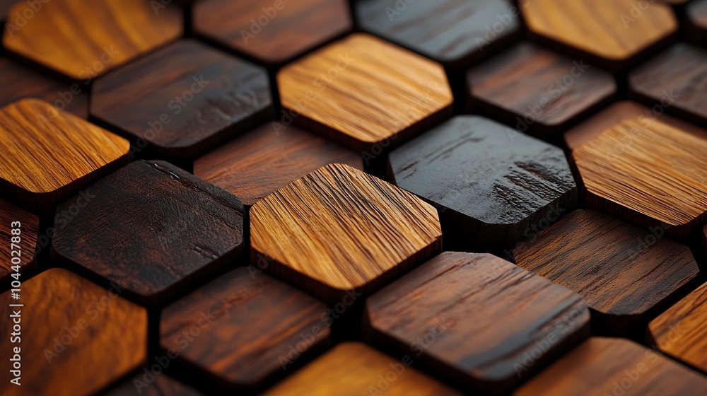 Poster close-up of a geometric pattern made of wooden hexagonal tiles.