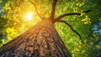 Naklejka premium Bottom view of tree with green leaves in tropical forest with sun light. Fresh environment in park. Green tree give oxygen in summer garden. Environmental conservation. Ecology concept. Save the eart