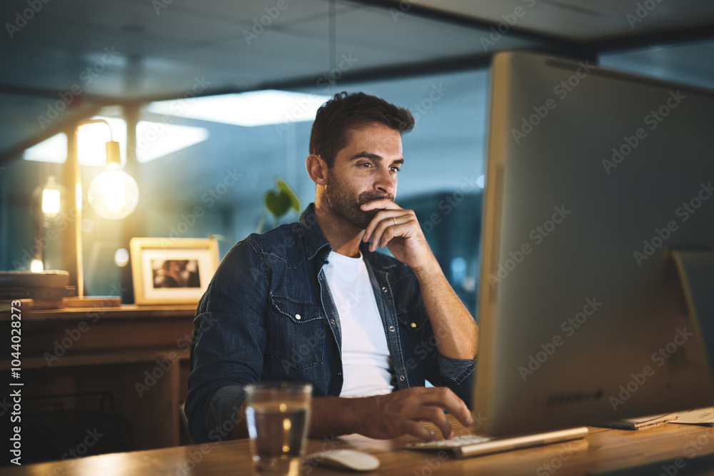 Poster computer, night and man in office with reading for software development and troubleshooting of syste