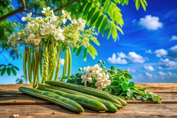 Obraz premium Moringa Oleifera Tree in Bloom with Drumstick Fruits - Medicinal Plant for Cooking