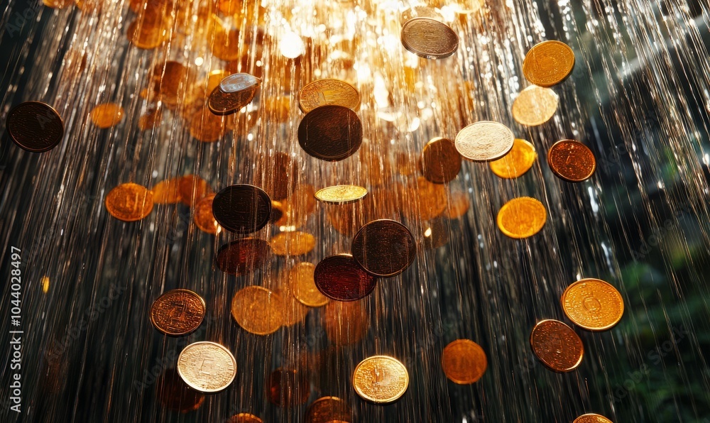 Poster coins cascading from above in a bright fountain creating a shimmering spectacle of gold and copper a