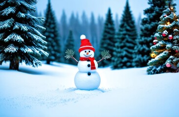 Obraz premium happy snowman in Christmas landscape