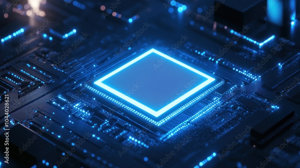 Poster a close-up of a glowing microchip on a circuit board, representing advanced technology.
