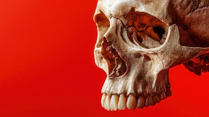 Naklejka premium A human skull in profile against a vibrant red backdrop. The detailed bone structure and teeth are visible, creating a striking and slightly eerie image.