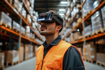 Worker in orange vest uses futuristic AR glasses in warehouse.