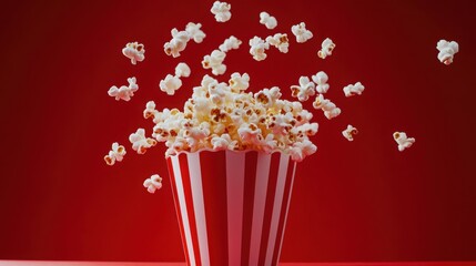A red and white striped popcorn bucket with fluffy popcorn flying out of it against a red background.