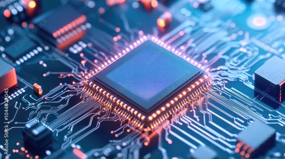 Poster close-up of a shiny microchip on circuit board