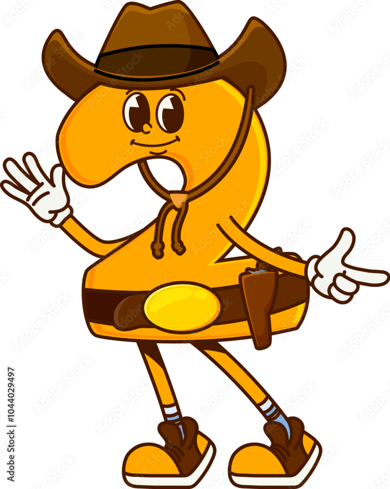Aufkleber cartoon groovy math number two cowboy and bandit character sporting western hat and holster on belt.