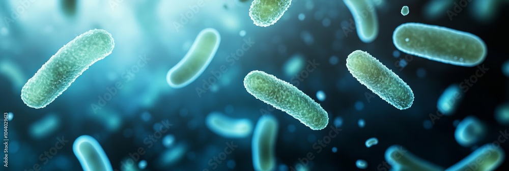 Poster 3d rendering of bacteria, microbes, or germs a microscopic view of microorganisms in motion.