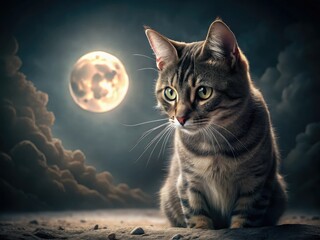 Obraz premium Mysterious Moonlit Cat: Frightened Feline in Nighttime Product Photography