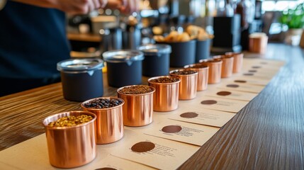 Artisanal Coffee: A Diverse Selection of Freshly Ground and Whole Beans in Elegant Copper Cups for the Discerning Connoisseur