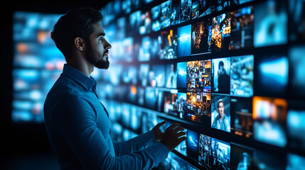 Medienkäufer bei der Arbeit, Berater durchsuchen Mediatheken nach gewinnbringender Werbung, Onlinewerbung, Over-the-top media services, Fernsehwerbung, Werbeclips 