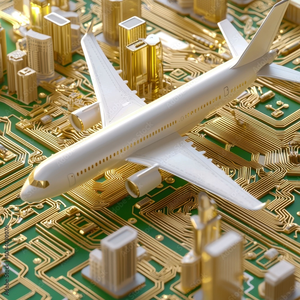 Poster an intricate 3d model of an aircraft's flight control system above a circuit board, each component r