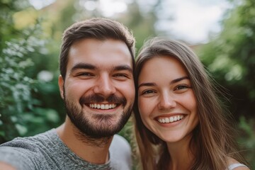 Fototapeta premium Happy couple taking a selfie outdoors, smiling at the camera