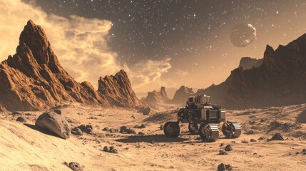 Robotic exploration of alien landscapes on distant planets, Innovative style, photo of