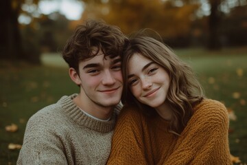 Fototapeta premium Young couple smiling and sitting close together in a park during autumn, showcasing love and happiness, 