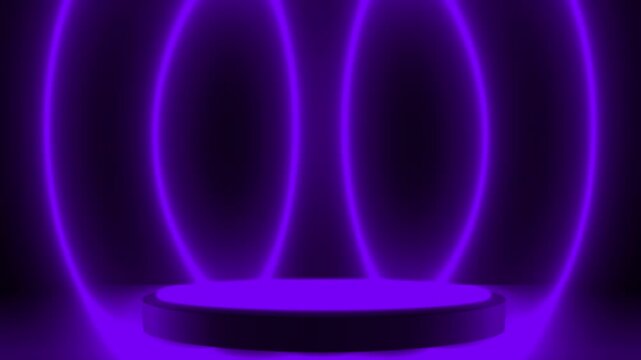 On a dark background there is a dark podium with a purple luminous platform, behind it is a purple lines with neon illumination. Animated minimalist pedestal to advertise your products.
