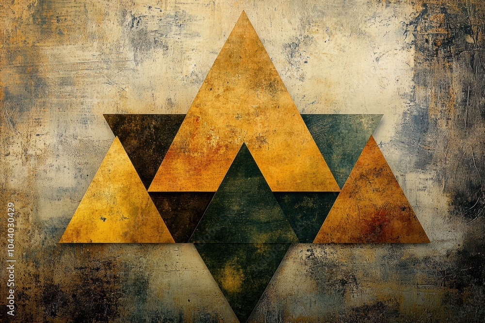 Poster geometric triangular shapes in various hues are artistically placed over a textured background, enha
