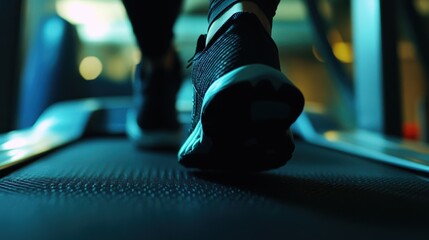Close-up of running shoes on treadmill for fitness and exercise motivation.