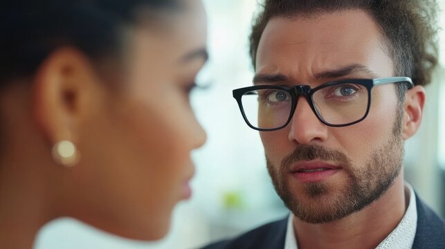 Creative caucasian businessman discussing business strategy with biracial businesswoman in office