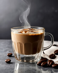 Hot cup of coffee topped with whipped cream, releasing steam, with coffee beans scattered on a dark surface, creating a cozy and warm atmosphere