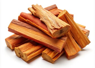 Natural sandalwood displayed against a pristine white background, illustrating its use in aromatherapy and wellness practices, promoting relaxation and healing in an aesthetically pleasing way.