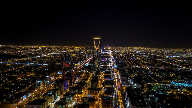 Aerial view of Riyadh city buildings during night time