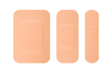 Three different sizes of skin toned adhesive bandages arranged side by side. The bandages have a perforated texture