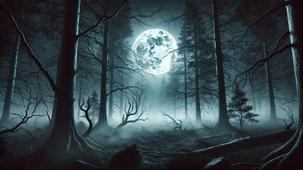 Spooky Night Forest with Full Moon and Thin Mist
