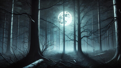 Dark Forest at Night with Full Moon and Fog