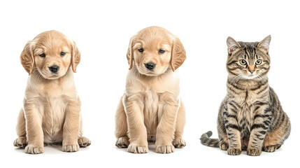 Fototapeta premium Puppies and Tabby Cat Sitting on White Background Generative AI