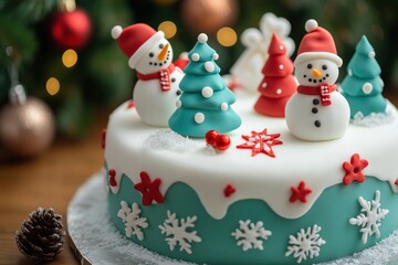 Snowmen and christmas trees on decorated holiday cake