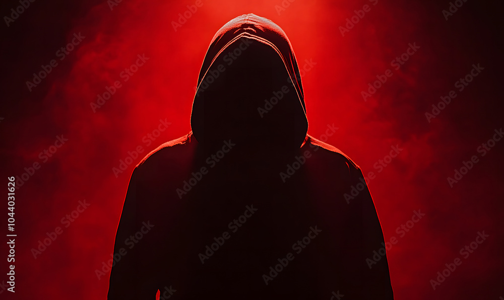 Poster hacker or scammer character in the dark with their face obscured by the hood design, standing under 