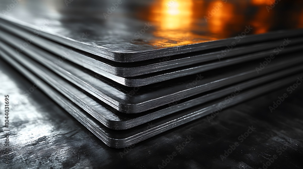 Poster stack of metal sheets in a factory setting, reflecting light.