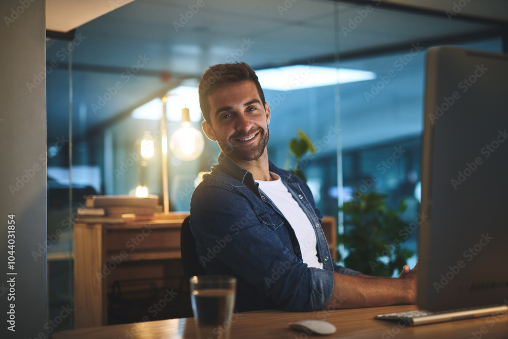 Poster computer, night and portrait of happy man in office for software development and troubleshooting of 