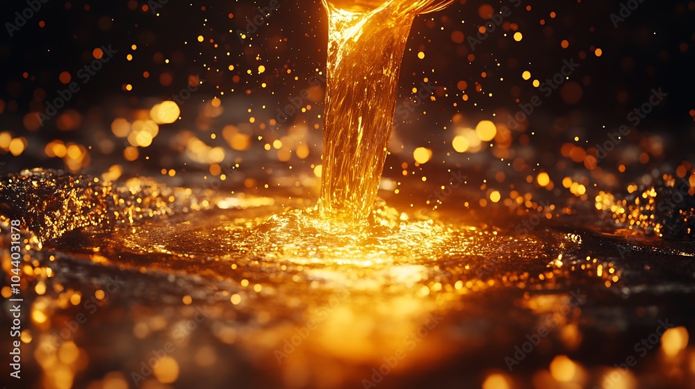 Poster golden liquid pouring into a pool, creating ripples and splashing droplets.