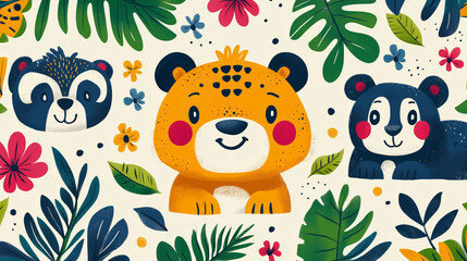 Colorful cartoon animals with tropical leaves and flowers in a playful illustration