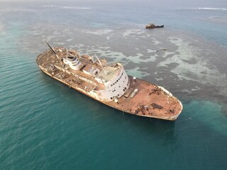 Sunken rusted ship in abu shawk meccah province, Saudi Arabia