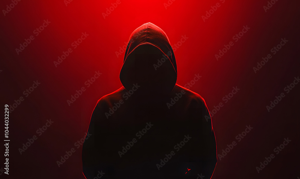 Poster hacker or scammer character in the dark with their face obscured by the hood design, standing under 