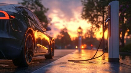 Electric cars charging at charging station outdoors at sunset.